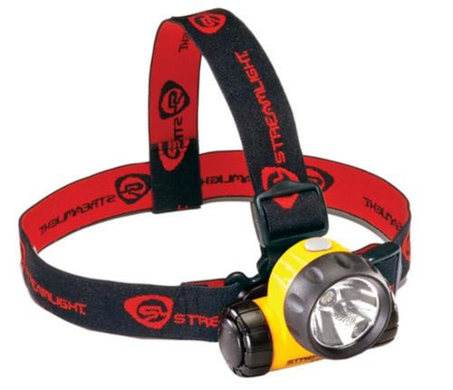 Streamlight Argo with alkaline batteries. Rubber & Elastic Straps. Yellow