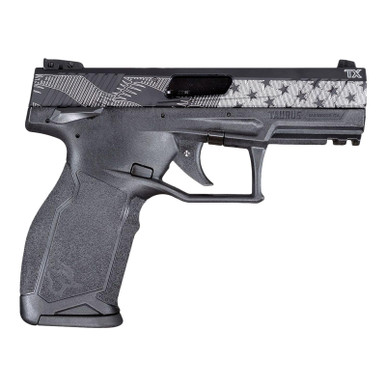 Taurus 1-TX2214110US1 TX22 Full Size Frame 22 LR 10+1 4.10" Matte Black Alloy Steel Barrel, Matte Black w/Stars & Stripes Serrated Slide, Black Polymer Frame w/Picatinny Rail, Textured Grip