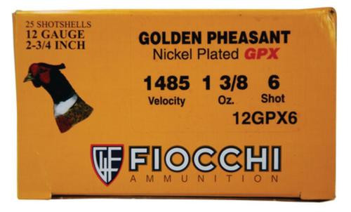 Fiocchi Golden Pheasant Nickel 12 Ga, 2.75", 1485 FPS, 1.3oz, 6 Shot, 25rd Box