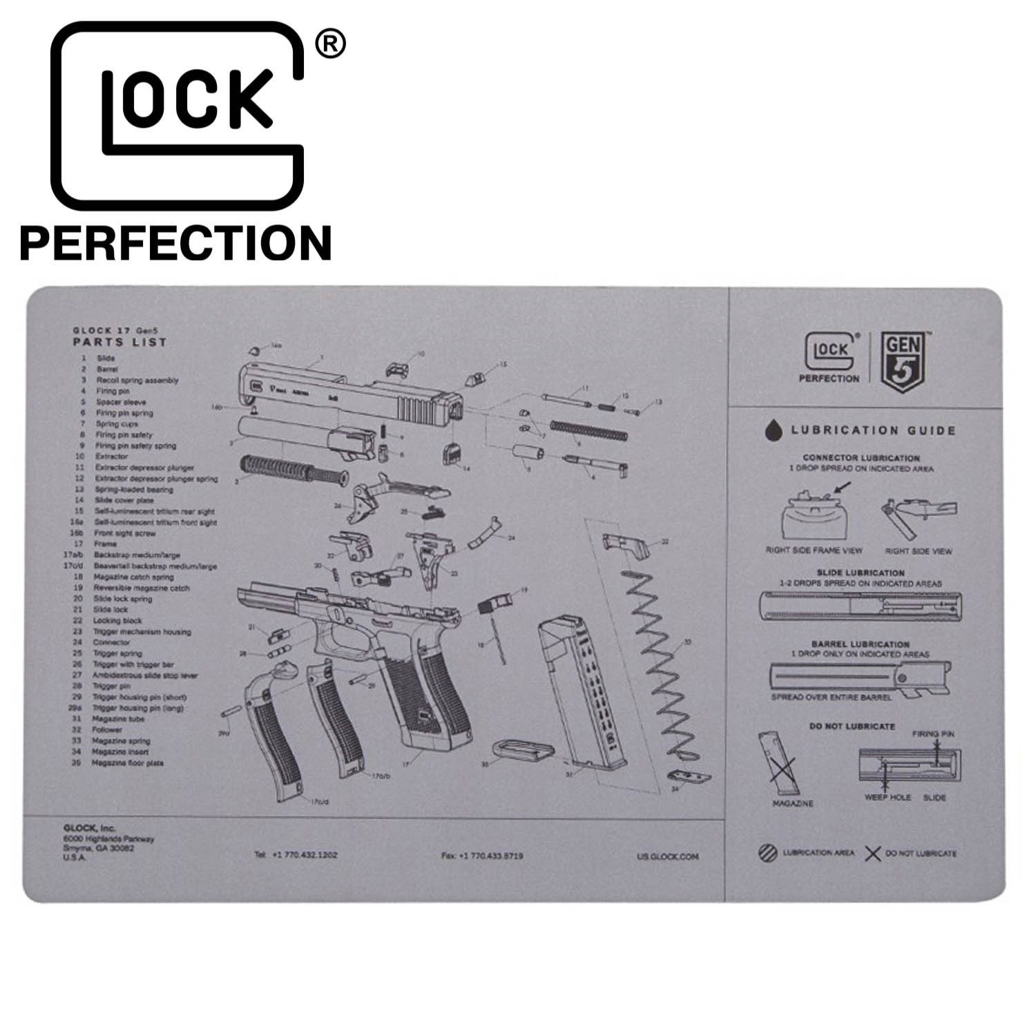 Glock Neoprene Bench Mat, Gen5, w/ Exploded Parts View, Gray