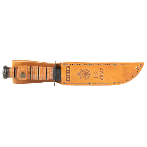 KA-BAR Knives KA-BAR, Army, Fixed Blade Knife, 7" Blade Length, 11.875" Overall Length, Clip Point, Partially Serrated Edge, 1095 Cro-Van/Black, Brown Leather Stacked Handle, Leather Sheath, Clamshell Packaging