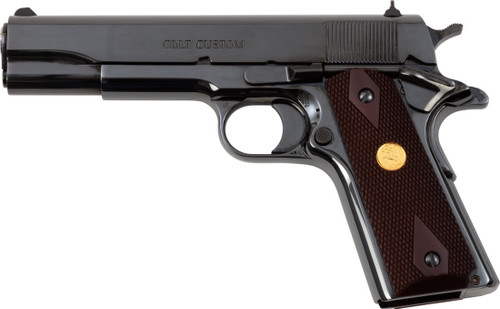 Colt 1911 Government 45 ACP 7+1 5" Stainless National Match Barrel, Polished Blued Serrated Steel Slide & Frame w/Beavertail, Wood Grip
