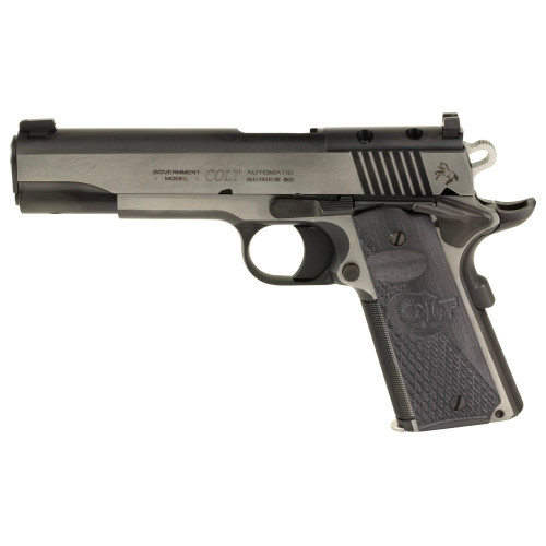Colt Combat Elite Government, 1911, Full Size, 9mm, 5" Barrel, Two-Tone Silver and Black, G10 Grips, Novak Night Sights, Optic Ready, Ambidextrous Thumb Safety, 8rd