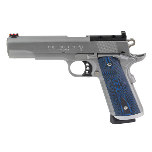 Colt's Manufacturing Gold Cup Trophy, 1911, Steel Frame , 9mm, 5" Barrel, Polished, Silver, Blue G10 Grips, Black Serrated Rear Sight, Fiber Optic Front Sight, Manual Safety, 8rd
