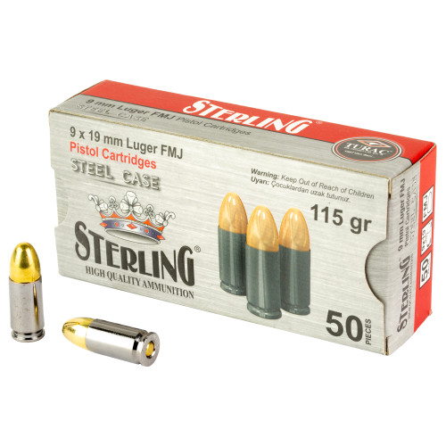 Sterling 9mm 115gr Full Metal Jacket, Steel Case, 50 Bx/20 Cs