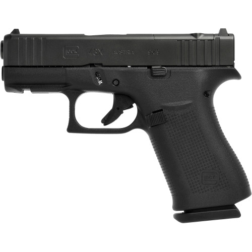 Glock G43X MOS 9mm 15rd, 3.4" Black GMB Barrel, Black Steel Serrated Optic Slide, Black Polymer Frame Accessory Rail, Ambidextrous, USA Made