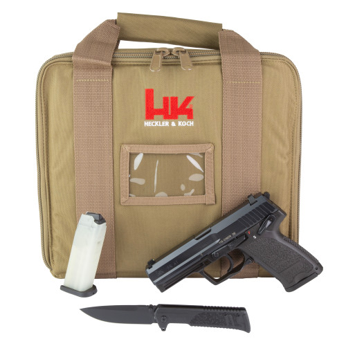 HK P8 A1 9mm, 4.25" Barrel, Matte Black, 3-Dot Sights, Reversed Lever, 2x15rd Mags, Boker Knife, Comm Tan Case
