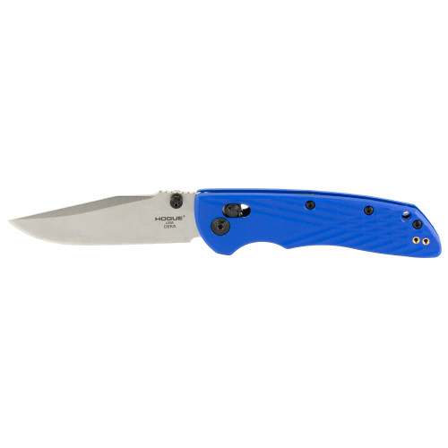 Hogue Deka, Folding Knife, CPM MagnaCut, Stone Tumble Finish, Silver, Plain Clip Point Edge, 3.25" Blade, Blue Polyamide Nylon 12 Grips