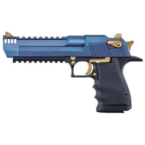 Magnum Research Desert Eagle L6 50 AE, 6" Barrel, PVD Carbo Blue, Black Frame, Gold Controls, Break, Weaver Rail, Rubber Grips, 7rd