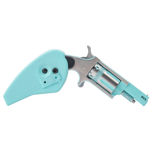 North American Iris 22 WMR, 1.625" Ported Barrel, Turquoise-Silver, Folding Grip, Half-Moon Sight, Safety Notch, 5rd