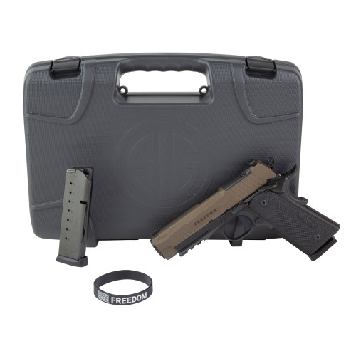 Sig Sauer 1911 X Carry 45 ACP, 4.2" Barrel, Matte Black and Bronze, G10 Grip, X-RAY3 Sights, Optic Ready, 2x8rd Mags, "Freedom" Engraving Slide