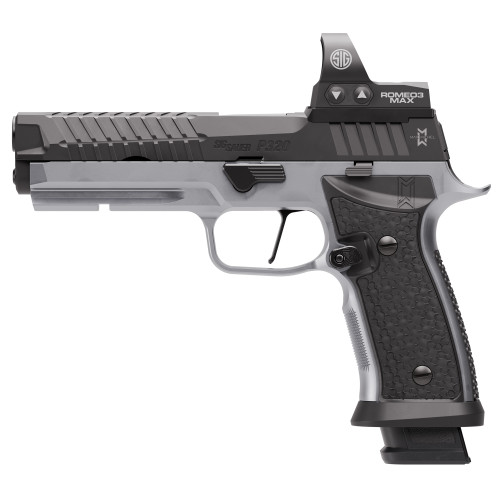 Sig Sauer P320 MAX SXG 9mm, 5" Bull Barrel, Nitron Slide, Black, Silver, Romeo3 Max 6MOA Pro Optic, Hogue Aluminum Recreation Grips, Flared Magwell, 4x21rd Mags
