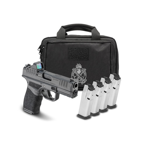 Springfield Hellcat Pro Viridian 9mm, 3.7" Barrel, Desert Flat Dark Earth, Textured Grip, White Dot Front, Tactical Rack Rear , Range Bag, Viridian RFX11 3 MOA Green Dot, 4x15rrd