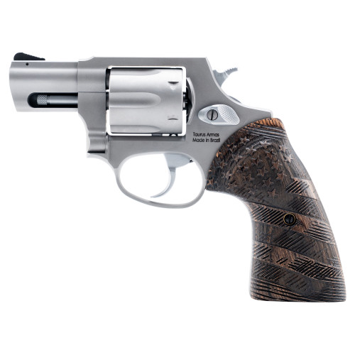 Taurus Model 856 38 Special +P, 2" Barrel, Matte Stainless Silver, Custom Flag Engraved Wood Grips, Fixed Sights, 6rd