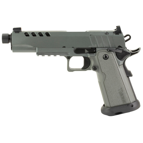 Tisas 1911 B9R Night Stalker DS, SAO, 9mm, 5.55" Threaded Barrel, Cerakote Finish, Gray, Light Rail, Optic Cut, Manual Safety, Black Rear/ Tritium Orange Dot Front, 17rd, 2 mags