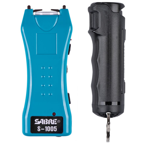 Sabre Stun Gun and Pepper Spray Package, Turqouise Color Stun GunBuilt-in Flashlight, Black Color Flip Top Pepper Spray