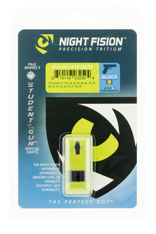 Night Fision Night Sight Set Accur8 Front/Square Rear fits Glock 17, 17L, 19, 22-28, 31-35, 37-39 Accur8 Front/Square Rear Green Orange Outline Black Black