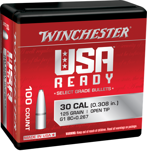 Winchester Bullets 308 Caliber 125gr, Open Tip 100 Box, NOT AMMO- RELOADING BULLETS