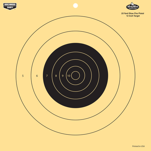 Birchwood Casey Dirty Bird Pistol Slow Fire 12" Bullseye Tagboard Hanging 25 yds Universal Black/Yellow 12 PK