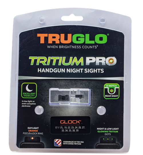 Truglo, Tritium Pro Brite Site Day/Night Sight Set For Glock 20/21/25/29/30/31/32/37/40/41, Front Sight Color GreenOrange Focus Lock Ring, Rear Sight Green, Glows In The Dark No Batteries Or Light Exposure Required