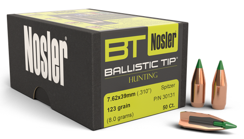 Nosler Ballistic Tip Hunting Reloading Bullets 7.62X39 123gr, Spitzer Boat Tail, 50rd/Box -NOT AMMO-