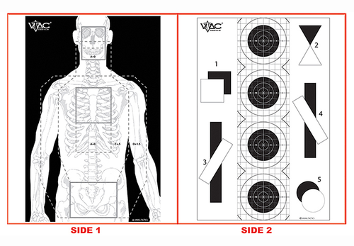 Action Target VTAC-P, Viking Tactics Double Sided Advanced Training Target, Marksmanship Side Has 4 SR-1C Bulls-Eye Target 1" Square Sighting Grid, Silhouette Side Visible Skeleton, Black/White, 23"x35", 100 Per Box