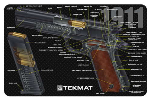 TekMat Original Cleaning Mat Black Thermoplastic Fiber Top with White Letters & 1911 3D Cutaway 11" x 17"