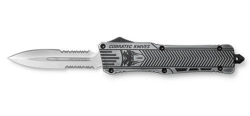 CobraTec Knives CTK-1 Large 3.75" OTF Dagger Part Serrated D2 Steel Blade/ Stonewashed Aluminum Handle Features Glass Breaker Includes Pocket Clip