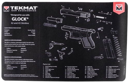 TekMat Pistol Mat For Glock 42/43, 11"x17", Black, Includes Small Microfiber TekTowel, Packed In Tube