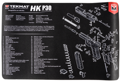 TekMat Orginal Mat, H&K P30, Cleaning Mat, Thermoplastic Surface Protects Gun From Scratching, 1/8" Thick, 11"x17", Tube Packaging, Black with White Lettering