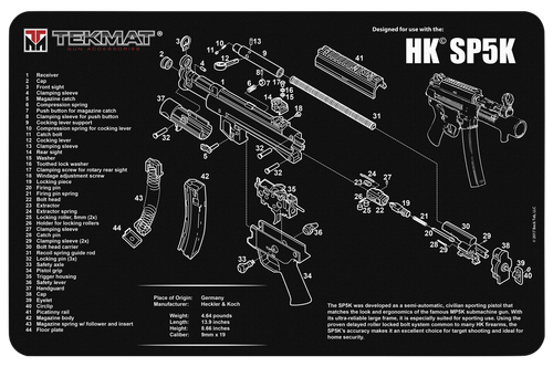 TekMat Pistol Mat For Heckler & Koch SP5K, 11"x17", Black, Includes Small Microfiber TekTowel, Packed In Tube