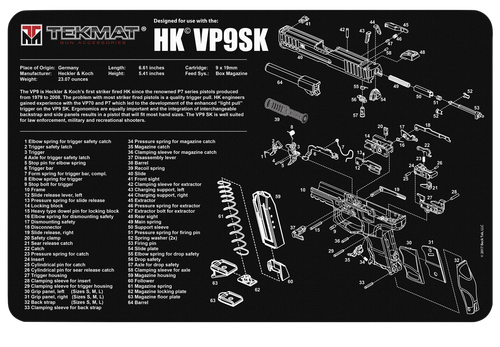 TekMat Pistol Mat For Heckler & Koch VP9SK, 11"x17", Black, Includes Small Microfiber TekTowel, Packed In Tube