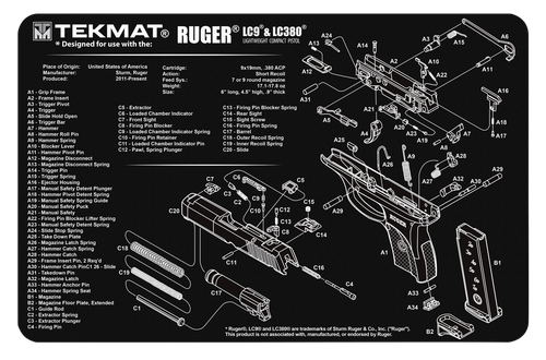 TekMat RUGER LCP Pistol Mat, 11"x17", Black, Includes Small Microfiber TekTowel, Packed In Tube