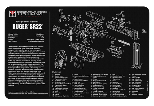TekMat Ruger SR22 Pistol Mat, 11"x17", Black, Includes Small Microfiber TekTowel, Packed In Tube