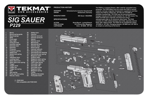 TekMat Sig P229 Cleaning Mat Black/White Rubber 17" Long Sig P229 Parts Diagram