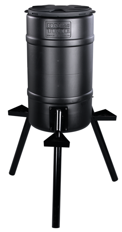 On Time Buckeye Gravity Feeder made of Polyethylene with 200 lbs Capacity, 2" Metal Legs, 3 Feeding Stations, Removable Lid & Accepts All Types of Feed