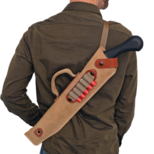Desantis Kurz Shotgun Scabbard made of Leather with Natural Removable Ammo Carrier, Saddle Leather Trim & Non-Slip Shoulder Strap 14" L for 410 Ga Mossberg Shockwave