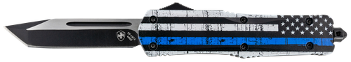 Templar Knife Gen II Back The Blue Large 3.50" OTF Tanto Plain Black Oxide Stonewashed 440C SS Blade, 5.25" Black & White Blue Line Aluminum Handle, Glass Breaker