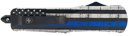 Templar Knife Gen II Back The Blue Large 3.50" OTF Dagger Plain Black Oxide Stonewashed 440C SS Blade, 5.25" Black & White Blue Line Aluminum Handle, Glass Breaker