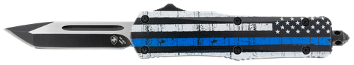 Templar Knife Gen II Back The Blue Small 2.69" OTF Tanto Plain Black Oxide Stonewashed 440C SS Blade, 4.31" Black & White Blue Line Aluminum Handle, Glass Breaker