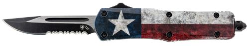 Templar Knife Gen II Captain Small 2.69" OTF Drop Point Part Serrated Black Oxide Stonewashed 440C SS Blade, 4.31" Red/White/Blue Star Aluminum Handle Glass Breaker