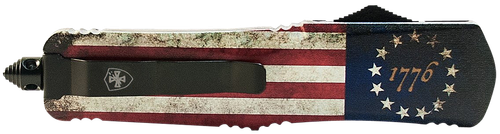 Templar Knife 1776 Gen II Slim 3.43" OTF Drop Point Plain Black Oxide Stonewashed Black 440C SS Blade/5.05" Betsy Ross Flag Aluminum Handle Features Glass Breaker Includes Pocket Clip/Sheath