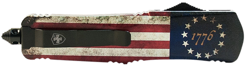 Templar Knife 1776 Gen II Small 2.69" OTF Drop Point Plain Black Oxide Stonewashed Black 440C SS Blade/4.31" Betsy Ross Flag Aluminum Handle Features Glass Breaker Includes Pocket Clip/Sheath