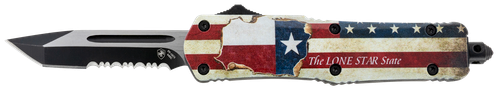 Templar Knife STX-531 Texan Gen II Small 2.25" OTF Tanto Part Serrated Black Oxide Stonewashed 440C SS Blade/ 4.31" Texas Flag Aluminum Handle Features Glass Breaker Includes Pocket Clip/Sheath