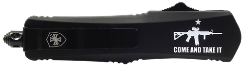 Templar Knife Come And Take It Gen II Small 2.69" OTF Tanto Part Serrated Black 440C SS Blade/4.31" Black "Come And Take It" Aluminum Handle Features Glass Breaker Includes Pocket Clip/Sheath