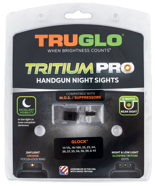 TRUGLO Tritium Pro Brite Site Day / Night Sight Set Fits Glock M.O.S. 17/19/34/35/45, Front Sight Color GreenOrange Focus Lock Ring, Rear Sight Green, Glows In The Dark No Batteries Or Light Exposure Required