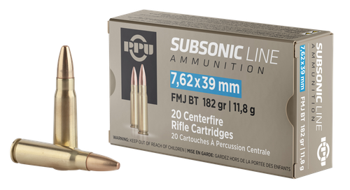 PPU Subsonic Rifle 7.62x39mm 182gr, Full Metal Jacket Boat-Tail (FMJBT) 20 Per Box/ 25 Case