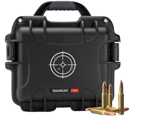Nanuk 905 Ammo Case Waterproof Black with White Target Logo Resin & Metal Eyelets Holds 525rds of 223 Rem