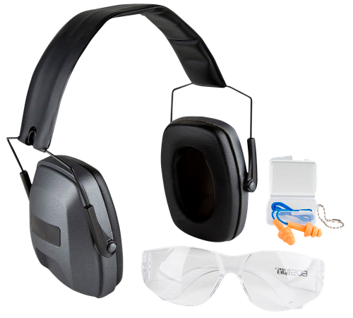Safariland Impulse Range Kit Over the Head Black Ear Cups with Black Headband Muffs, Clear Lens with Black Frame Glasses & Orange Foam Earplugs for Adults 1 Pair