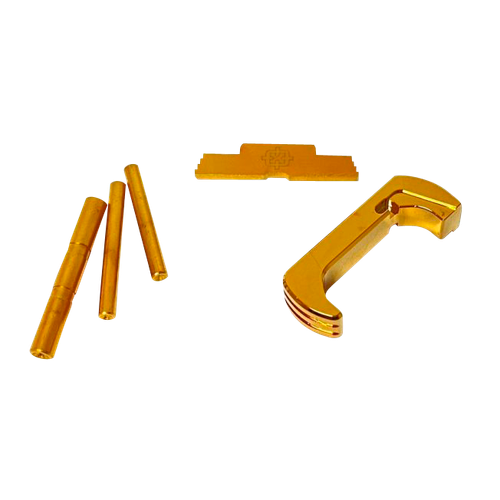 Cross Armory 3 Piece Kit Dimpled Pin Set, Extended Magazine Catch and Extended Slide Lock Glock 17,19-23,26,27,29-35,40,41 Gen4 Gold Anodized Aluminum/Steel Handgun